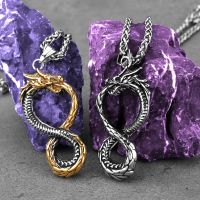 Stainless Steel Norse Viking Dragon Necklace for Men Vintage Self-Devourer Ouroboros Hip Hop Biker Pendant Necklace Jewelry Gift Fashion Chain Necklac