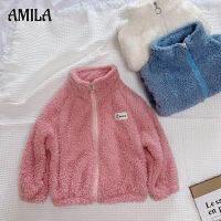 AMILA เสื้อแขนยาวผ้ากำมะหยี่สีแสดเสื้อแจ็คเก็ตกันหนาวเด็ก เสื้อแจ็คเก็ตกันหนาวทันสมัยและเรียบง่าย