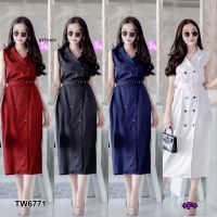 J6771 Dress เดรสตัวยาวทรงคอปก ลายริ้ว+เข็มขัด