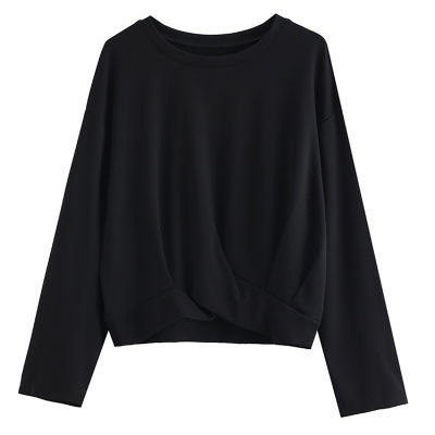 [EAM] Women Black Brief Irregular Hem Big Size T-shirt New Round Neck Long Sleeve Fashion Tide Spring Autumn  1DE2504