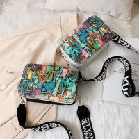 2023 New Disco Bag Korean Style Inkjet Ribbon Small Square Bag Student Doodle Letter Shoulder Bag Crossbody Phone Bag