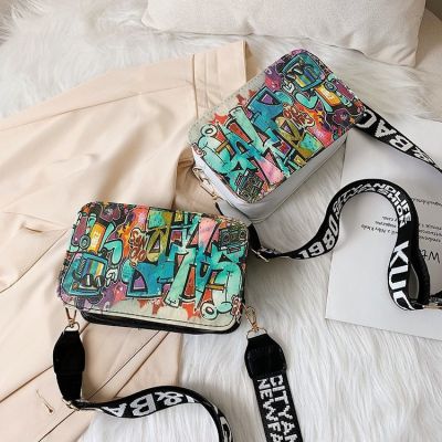 2023 New Disco Bag Korean Style Inkjet Ribbon Small Square Bag Student Doodle Letter Shoulder Bag Crossbody Phone Bag