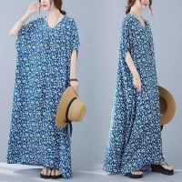 COD DSFGRDGHHHHH Kaftan Murah Plus Size Cotton Silk Blue Floral V-neck Loose Large Size Simple Holiday Style Womens Beach Dress Robe Wadah Fashiom Caftan