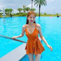 Fresh bright female swimsuit 2019 Korea new charming yellow skirt-style swimwear sexy V neck triangle one-piece vacation bikini dress bn