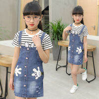 Denim Pinafore ชุดสาวสูทพิมพ์เสื้อผ้าเด็กสองชิ้นชุดเสื้อยืด2021