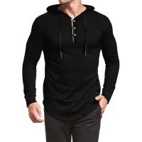 Spring Autumn New Mens Solid Sportswer T-Shirt Hooded Tops Button Casual Fashion Sports Fitness Long Sleeve Men Sweatshirts