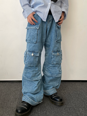 ใหม่ Y2K สไตล์ Multi-Pocket Tooling Cargo กางเกงยีนส์ผู้ชาย n R Street Harajuku กางเกงล้าง Mopping กางเกงเยาวชน Clothing