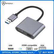 Amorus USB To VGA HD 2 Trong 1 Portable Hub USB Ổ Cắm Máy Tính Xách Tay HD