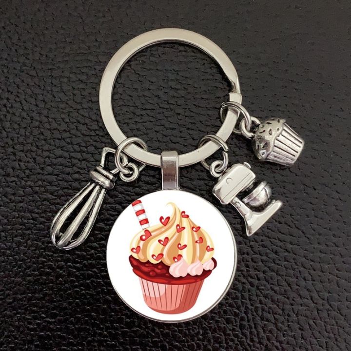 new-cake-cup-keychain-cute-dessert-glass-convex-round-pendant-metal-keychain-daughter-cake-shop-handmade-gifts-for-customers-key-chains