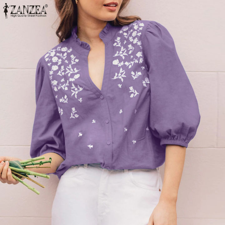 ZANZEA Womens Vintage Button Up Puff Sleeve Blouse Floral