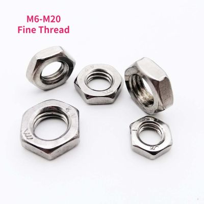 M6 M8 M10 M12- M20 304 A2-70 Stainless Steel Fine Thread Flat Hex Hexagon Thin Nut Jam Nut Thin Nut Pitch 0.75/1.0/1.25/1.5mm Nails Screws Fasteners