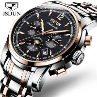 JSDUN 8750 Stainless Steel Band Automatic Mechanical Men Wristwatches Waterproof Business Watches For Men Luminous Moon Phase Calendar Small Second hand