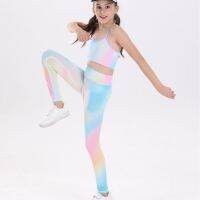 Good looking Iridescence print girls yoga suit suit Camisole cropped pants exercise tight fitness