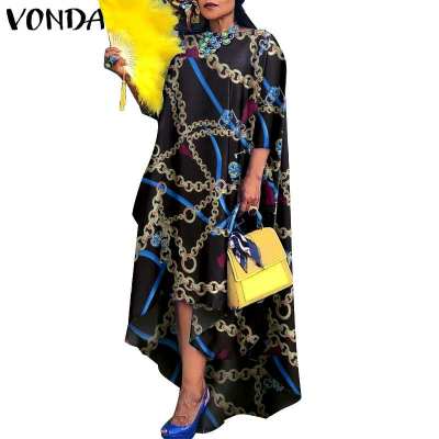 Women Dress  VONDA Vintage Printed Asymmetric Party Long Maxi Dress Femme Robe Beach Sundress Casual Vestido Plus Size Robe