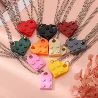 Punk 2Pcs Heart Brick Couples Love Necklace For Lovers Women Men Lego Elements Friendship Necklaces Valentines Jewelry Gifts