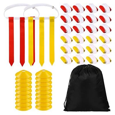 24 Players Flag Football Belts and Flags Set,Includes 24 Belt,72 Flags 18 Cones with Carrying Bag Red&amp;Yellow Rugby Waist Flag for Teens Training