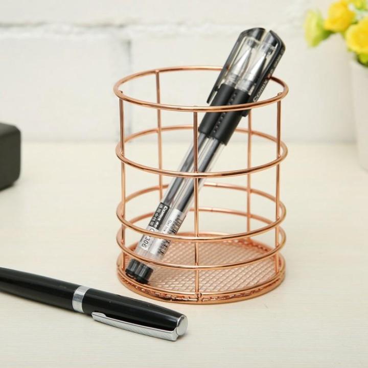 rose-gold-wire-net-pencil-holder-round-iron-mesh-pen-cup-stationery-organizer-de