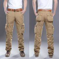 ใหม่ Casual Men Slim หลายกระเป๋าแฟชั่น กางเกง Cargo (กากี)