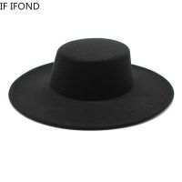 French Womens Hat Big Wide Brim 10CM Fedora Hat Winter Wool Derby Wedding Jazz Hats Flat Top Felt Hat