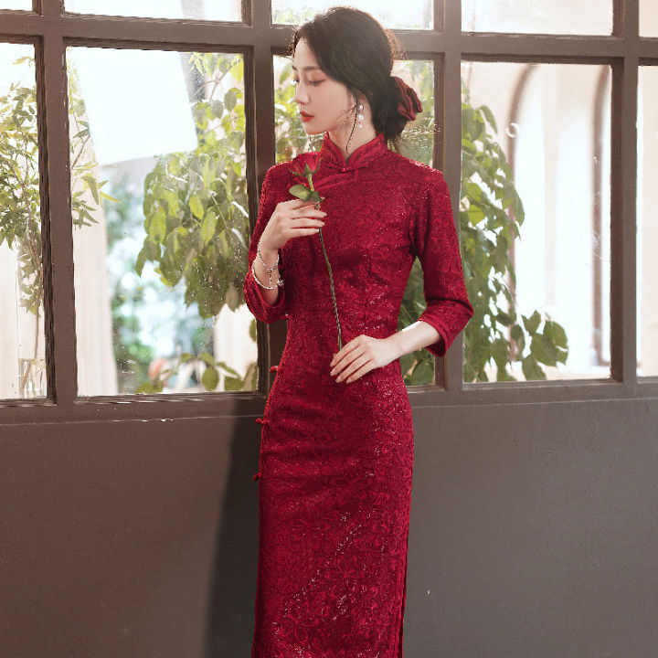 2021-composite-lace-burgundy-cheongsam-ชุด-retro-ปรับปรุงจัดเลี้ยงชุดเพื่อนเจ้าสาว-cheongsam