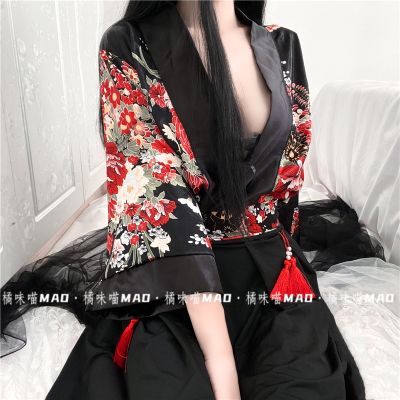 ⊙ 2021 New Women Sexy Lingerie Japanese Style Floral Kimono Uniform Temptation Suit Cosplay Costume Top Skirt Black Set