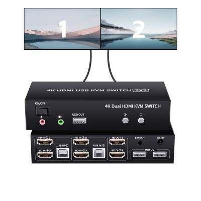 จอภาพคู่สวิตช์ KVM สำหรับ HDMI 4K 60Hz 2พอร์ต USB HDMI 2.0สวิตช์ KVM 2ใน2ออกจอแสดงผลผสม2จอภาพ2คอมพิวเตอร์พีซีแล็ปทอป2