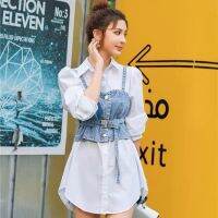 Spring 2023 new Korean wear, temperament, versatile shirt top, personality design sense denim suspender two-piece set