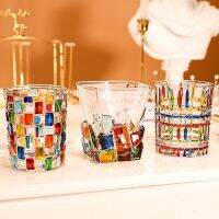 ✹♞ Designer hand-painted crystal glass cup light luxury color woven pattern Italian enamel whiskey