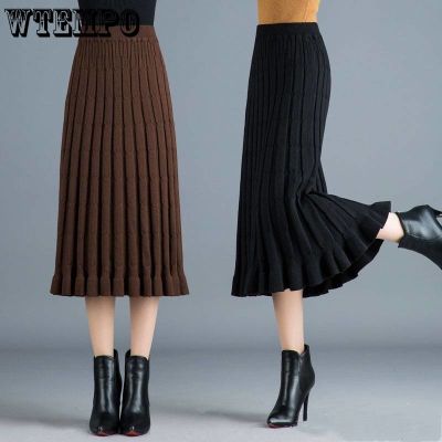 【CC】❆✽™  WTEMPO Womens Skirts Knit Pleated Skirt Medium Length Thickened Elastic Waist Office