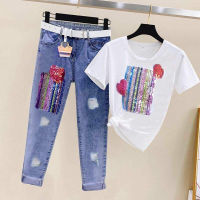 Plus Size 2 Piece Set Women Heavy Work Embroidery 3D Flower Tshirts + Jeans 2 Pcs Clothing Sets Casual Denims 2 Pcs Suits Sets