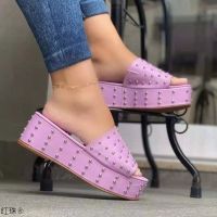 fgn trade pean and thick-soled sls and slippers women c-border fish mouth wedge rivets bea slippers pers