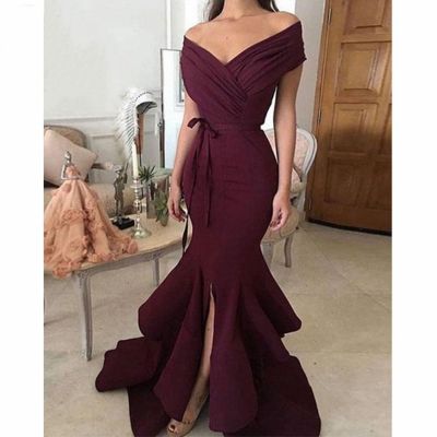 Elegant Burdy Mermaid ชุดราตรีปิดไหล่แยก Robe De Soiree Prom Gowns Formal Party Night สำหรับผู้หญิง Dresses