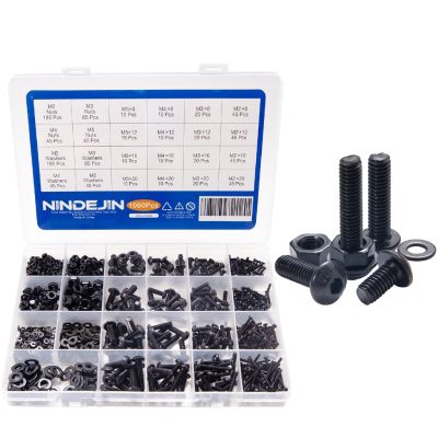 NINDEJIN 1060 ชิ้น M 2 M 3 M 4 M 5 Hex Socket Screw Set ชุดสกรูเหล็กคาร์บอนพร้อมกล่องจัดเก็บ notebook laptop screw round flat hex head small screw