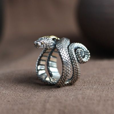 แหวนงูแหวน925โบราณแบบย้อนยุคราศีงูของผู้ชายแหวนงูดีไซน์เฉพาะส่วนชุดทานอาหารเงิน