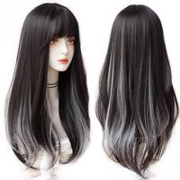 HOIUYAN Female Long Straight Hair Bangs Synthetic Wig Gradient Gray Synthetic Cosplay Lolita