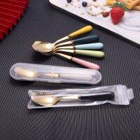 6 pieces of stainless steel plated tableware with ceramic handle for children wooden spoons  mini spoon plastic Serving Utensils