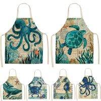 Turtle Fish Printed Kitchen Apron for Women Kids Sleeveless Cotton Linen Bibs Cooking Baking Cleaning Tools