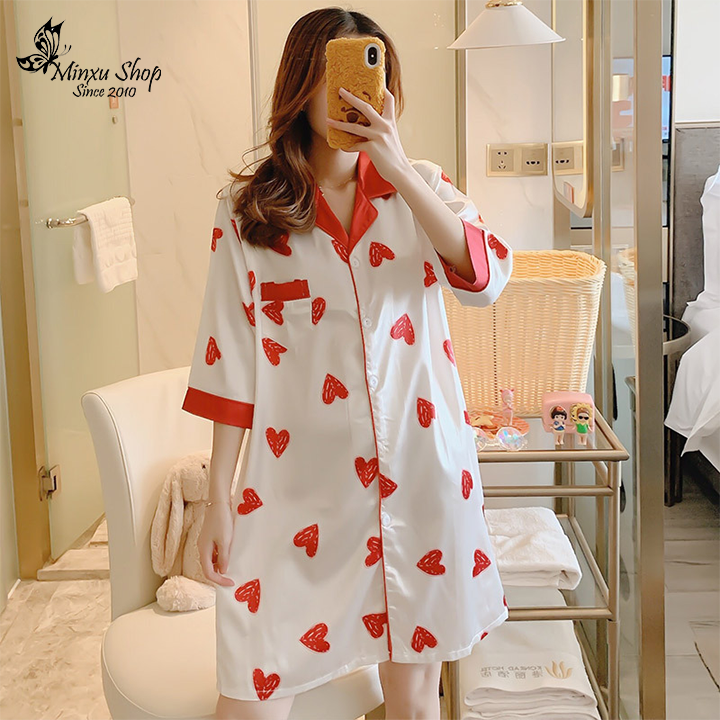 Đầm ngủ pijama kiểu dáng sơ mi hàng thiết kế chất vải lụa cao cấp  HÀNG CÓ  SẴN  HT110