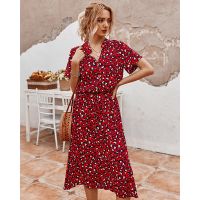 【Ladies shop】2022LadiesLeopard Print ShirtBohemian Mid Length High Waist Short SleeveBeachwear Vacation