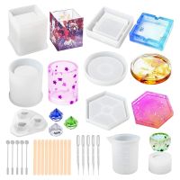 28Pcs Silicone Coaster Ashtray Molds for Resin Casting, DIY Art Crystal Diamond Plant Pot Pen Candle Soap Holder Molds