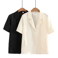 【มีไซส์ใหญ่】Plus Size Womens XL-4XL V-neck Beige Black Summer Blazers Short Sleeve Ladies Elegant Female Tops Button Up A-line OL Top