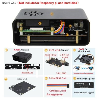 NASPi Kit+Metal Case+X823 Expansion Board+X-C1 Board Replacement Accessories PWM Fan for Raspberry Pie SATA HDD/SSD Hard Disk NAS Storage Server