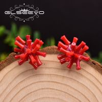 GLSEEVO Handmade Natural Red Sea Bamboo Coral 925 Sterling Silver Stud Earrings For Women Wedding Party Luxury Jewellery GE0661