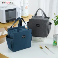 Linyoung Large Capacity Insulation Bag with Zipper Double Side Pocket Design Portable Lunch Bag Oxford Cloth with Aluminum Film Lunch Box Bags