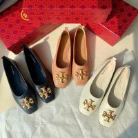 2023 new Tory Burch Three Colors Classic Double T Logo pebbled sheepskin stylish and elegant square-toe flat shoes