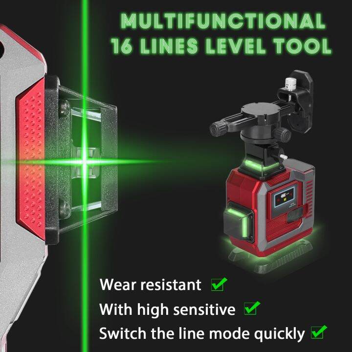 4d-อเนกประสงค์16เส้นเลเซอร์วัดระดับ3-อุปกรณ์ปรับระดับแบบชาร์จไฟได้ด้วยตัวเองสติกเกอร์ติดผนังติดผนังรอบทิศทาง