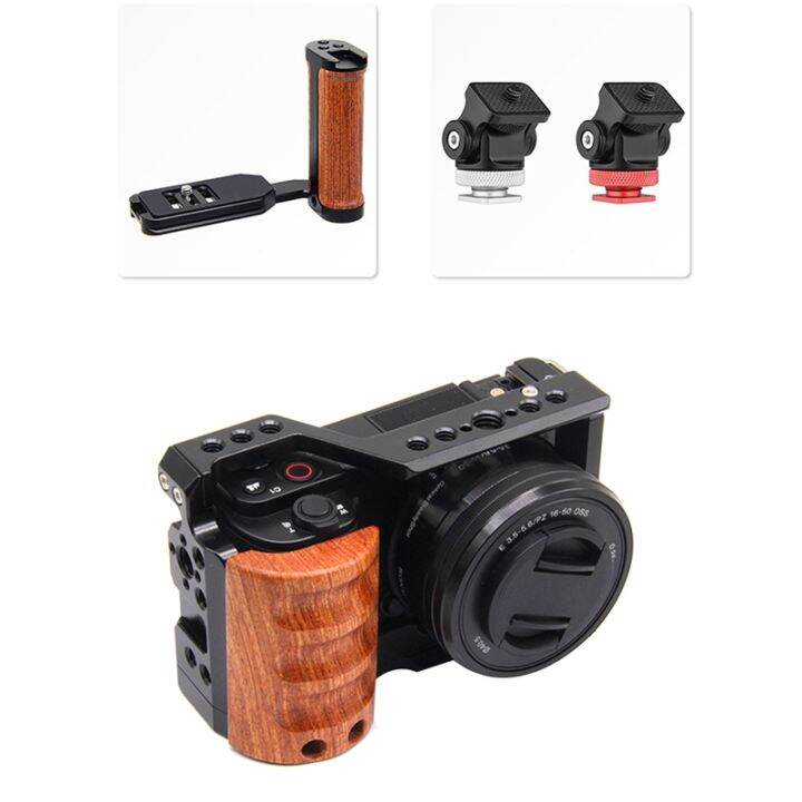 aluminum-alloy-camera-cage-stabilizer-with-wooden-handle-grip-for-sony-zv-e10-protector-cover-with-cold-shoe-mount