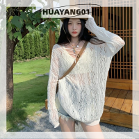 HUAYANG01เสื้อสเวตเตอร์ถักลาย Y2K,จัมเปอร์แขนยาวไม่เป็นทางการย้อนยุคสีพื้น2023แฟชั่นสุดฮอต