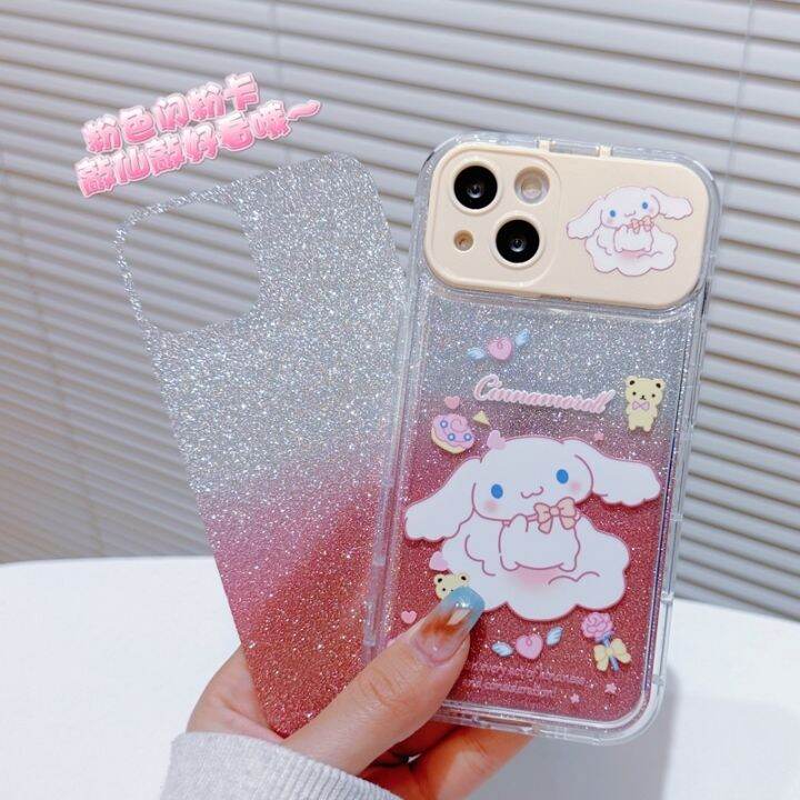 เคสโทรศัพท์มือถือแบบใส-กันกระแทก-ลายสุนัขชินนาม่อน-แต่งกลิตเตอร์-พร้อมกระจก-สีชมพู-สําหรับ-iphone-11-pro-max-12-13-14-pro-max-7-8-plus-se2020-xr-xs-max-xs-plus-max