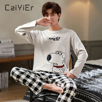 CAIYIER Autumn Winter Men Pajamas Set Cute Cartoon Print Sleepwear Soft Loose O-Neck Male Nightwear Plus Size Lounge Wear M-3XL